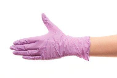 Doctor's hand in purple sterilized surgical glove giving for handshake
