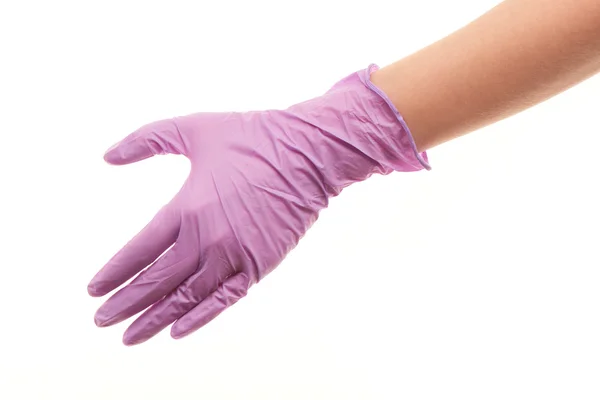 Female doctor's hand in purple surgical glove giving for handshake — Stock Photo, Image