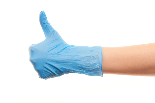 의사의 손 엄지손가락 기호를 보여주는 블루 수술 장갑에 — 스톡 사진