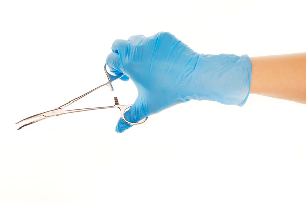 Menutup tangan dokter wanita dengan sarung tangan bedah yang disterilkan dengan warna biru dengan forceps terhadap putih — Stok Foto