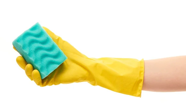 Female hand in yellow protective glove holding green cleaning sponge — Φωτογραφία Αρχείου