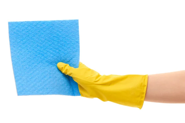 Female hand in yellow protective rubber glove holding blue rag — ストック写真