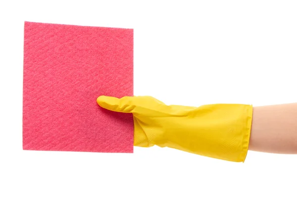 Female hand in yellow protective rubber glove holding pink rag — Φωτογραφία Αρχείου