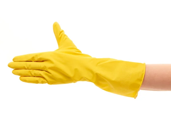 Female hand in yellow protective glove giving for handshake — 스톡 사진
