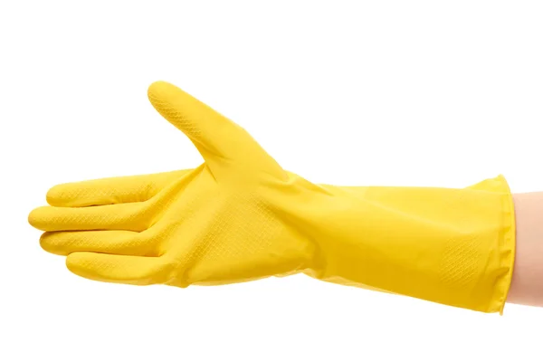 Female hand in yellow protective glove giving for handshake — 스톡 사진