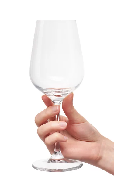 Vrouwelijke hand met lege schoon transparant glas wijn — Stockfoto