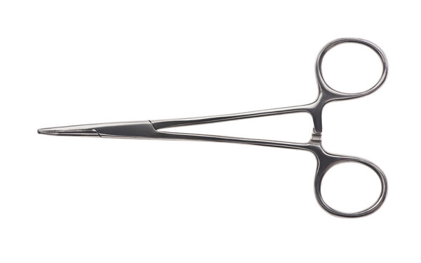Close up of stainless steel surgical forceps isolated on white 