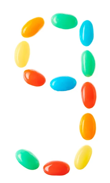 9 number made of multicolored candies isolated on white — Stock Photo, Image