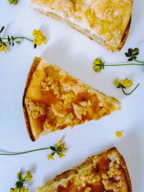 Beyaz arka planda çıtır çıtır peynirli turta. Sarı çiçeklerle süslenmiş. 