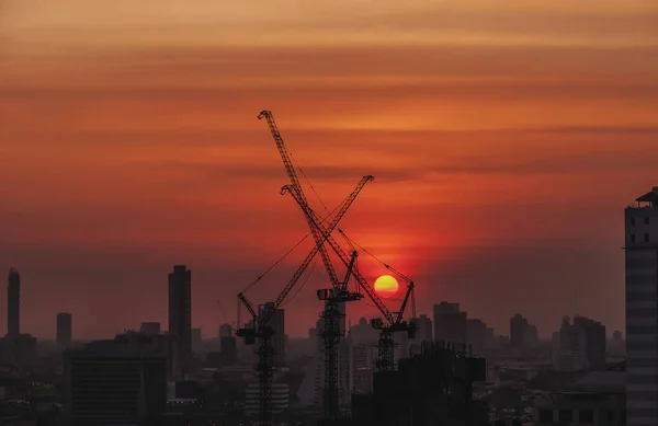 Silhouette City Worker Construction Crews Work High Ground Heavy Industry — Stock Photo, Image