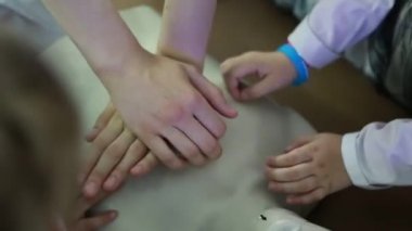 Çocuk bir manken üzerinde göğüs sıkıştırma yapıyor
