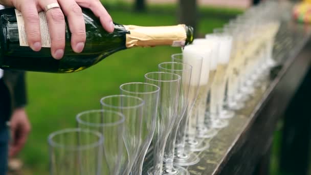 Muchas elegantes copas de vino vacías y medio vacías de vino o champán en la mesa festiva en el día de la boda — Vídeos de Stock