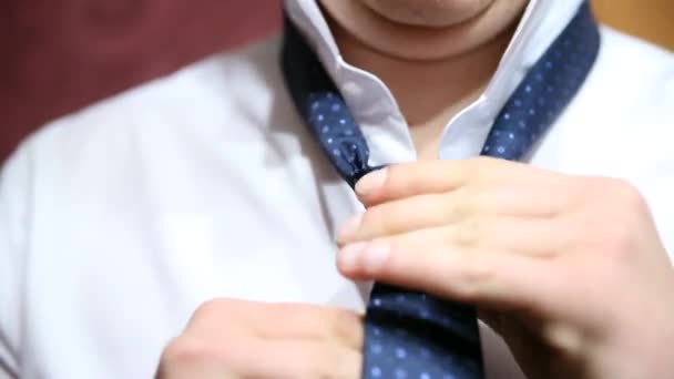 Handsome businessman preparing to official event, straighten tie. — Stock Video