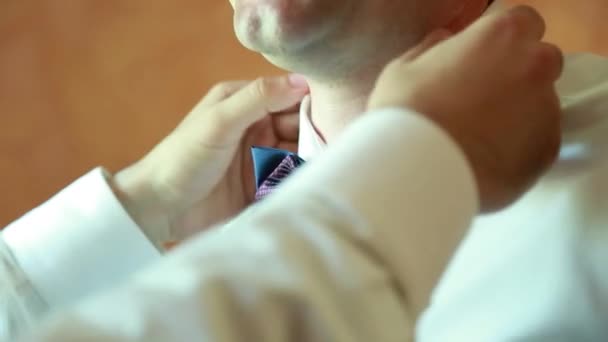 Hombre el novio en un traje formal de boda con mariposa. Traje, manos, cuidado, corbata, para corregir, ajustar, moda, arco. Colores de Instagram tonificación — Vídeos de Stock