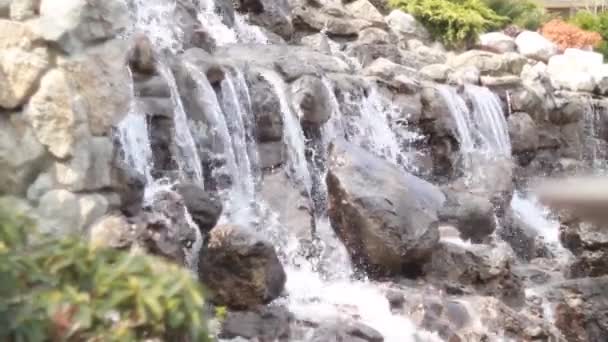Waterval cascades stroomt over vlakke rotsen in boslandschap — Stockvideo