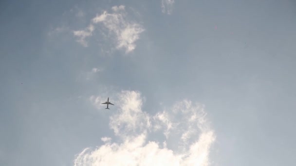 Літак летить на фоні блакитних хмар — стокове відео
