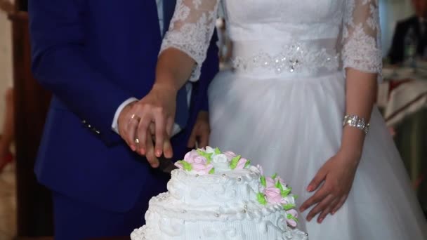 Panna młoda i pan młody w weselu odbioru cięcia tort weselny — Wideo stockowe