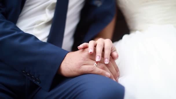 Anéis de casamento nas mãos da noiva e do noivo — Vídeo de Stock
