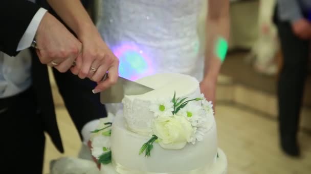 Mão cortar as noivas bolo de casamento — Vídeo de Stock