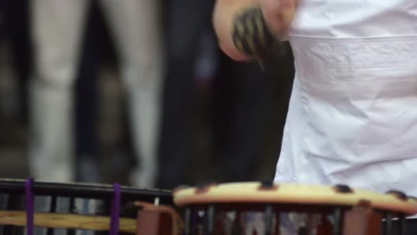 Japanese artist playing on traditional taiko drums — Stock Video