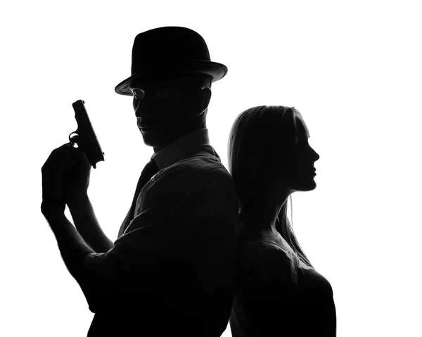 Silhouette di detective con bella donna isolata su sfondo bianco — Foto Stock