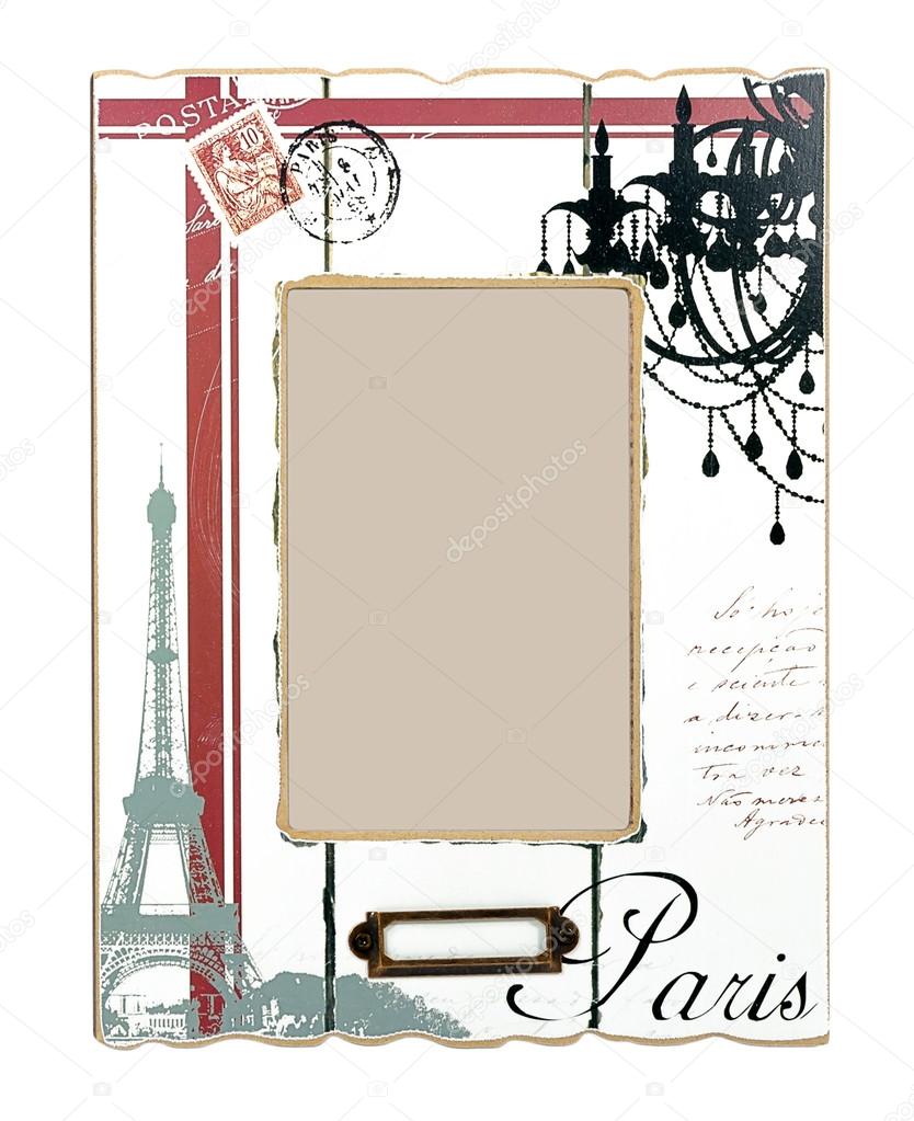 White aged photo frame with drawings of Eiffel Tower and black word Paris. Isolated place for your picture