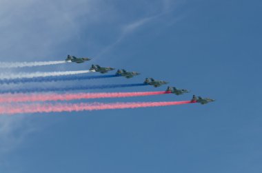 MOSCOW - MAY 9: Aerobatic demonstration team on parade devoted to 70th anniversary of victory in the Great Patriotic war. May 9, 2015, Moscow clipart