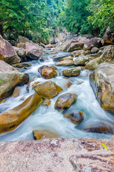 Jungle waterfall with flowing water, large rocks