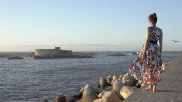 Young woman looks at old fortress — Stock Video