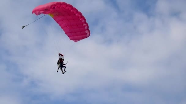 Két ember repül siklóernyővel a tiszta kék ég ellen. Siklóernyős Tandem. Extrém sport. — Stock videók