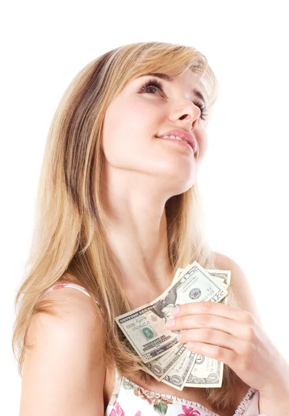 Woman holding money near her chest — Stock Photo, Image