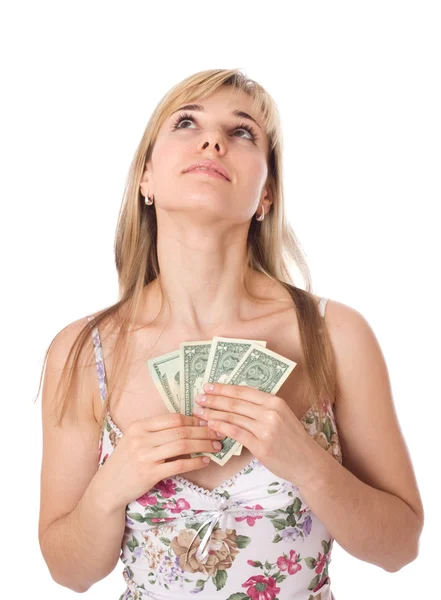 Young woman with dollars looking up wards — Stock Photo, Image