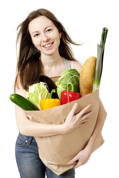 Jonge vrouw met grote zak van gezond boodschappen - voorraad Imag — Stockfoto