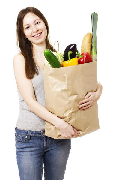 Woman Holding Large Bag of Healthly Groceries — Stock Photo, Image
