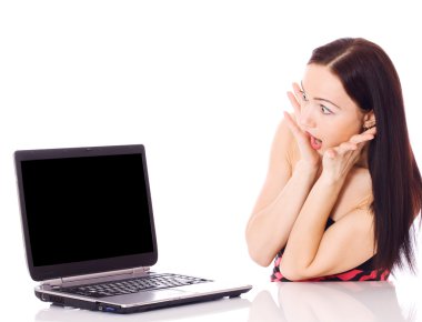 Laptop şok ifade ile kız.