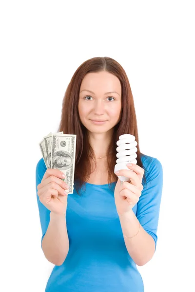 Girl with bulb and money — Stock Photo, Image