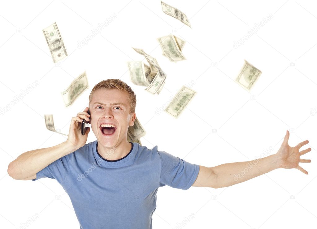 Man with mobile phone and money  laughing.