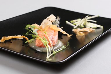 Füme somon ve moleküler Gastronomi teknik tarafından pişmiş sos