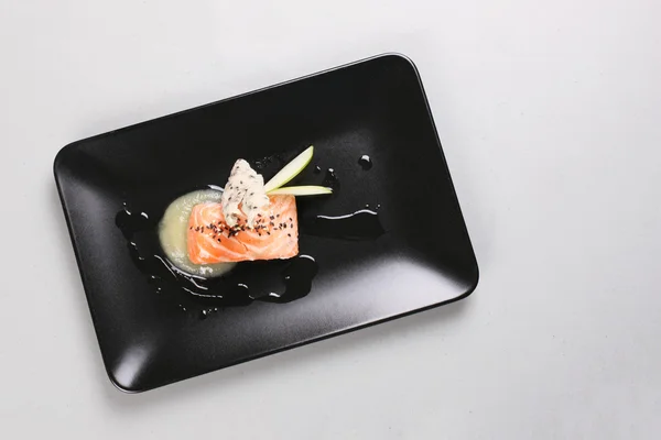 Smoked salmon and sauce cooked by molecular gastronomy technic — Stock Photo, Image