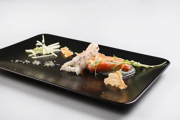 Smoked salmon and sauce cooked by molecular gastronomy technic — Stock Photo, Image