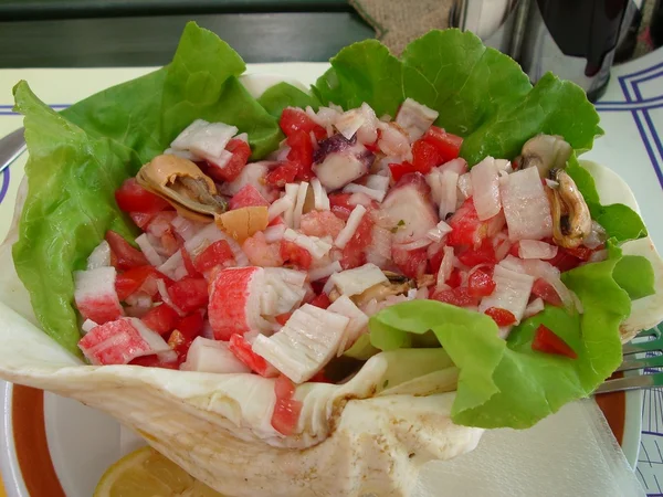 Salade van zeevruchten geserveerd in een zee-shell — Stockfoto