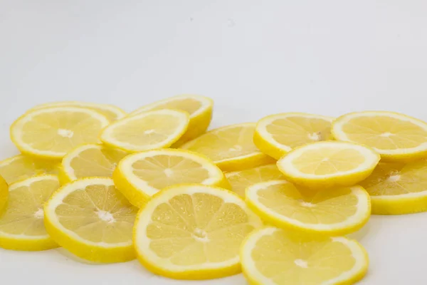 Many Healthy Vitamin Rich Lemon Slices Lined Stacked White Background — Stock Photo, Image