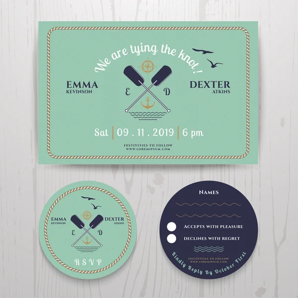 Invitación de boda de paleta gemela náutica y plantillas de tarjeta RSVP — Vector de stock