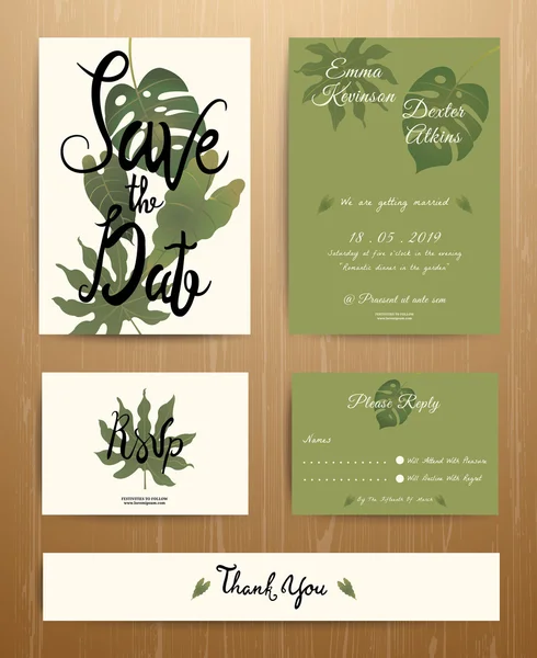 Trópusi Pálma levelek esküvői meghívó kártya beállítása — Stock Vector