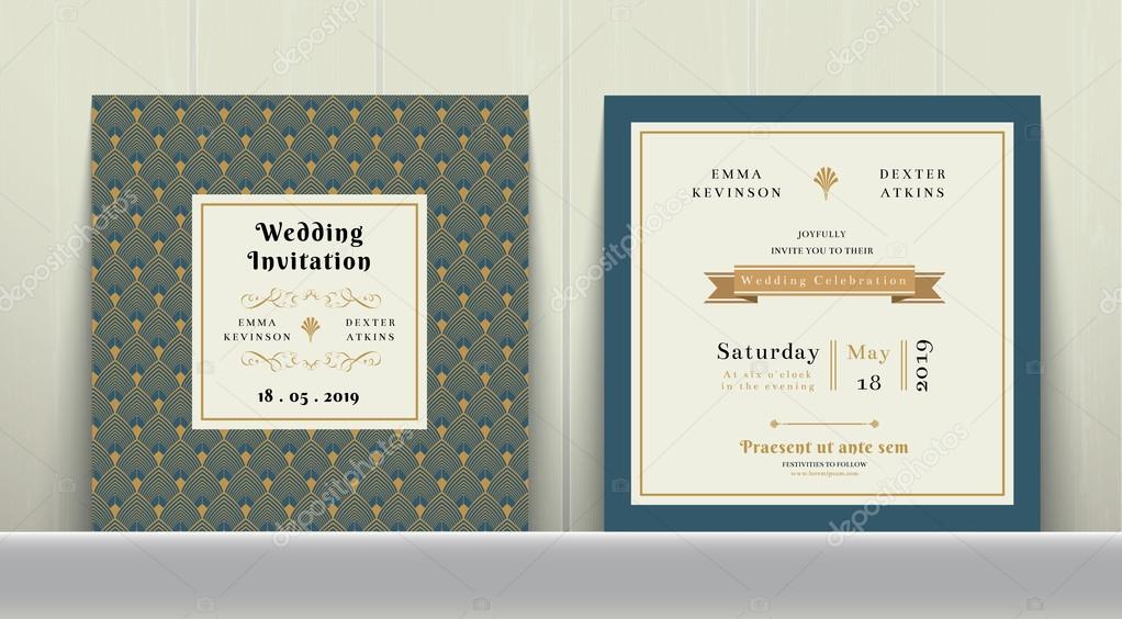 Art Deco Wedding Invitation Card in Gold and Blue