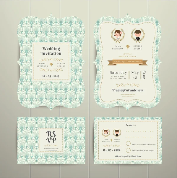 Art Deco cartone animato coppia matrimonio invito carta RSVP Set menta un — Vettoriale Stock