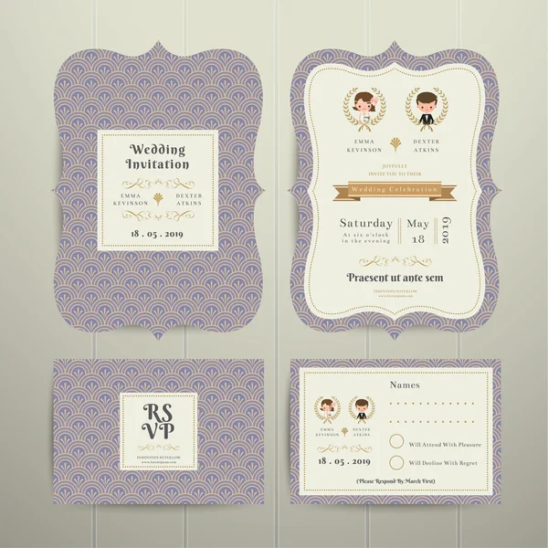 Art Deco Cartoon Couple Wedding Invitation Card RSVP Set Lavende — Stock Vector