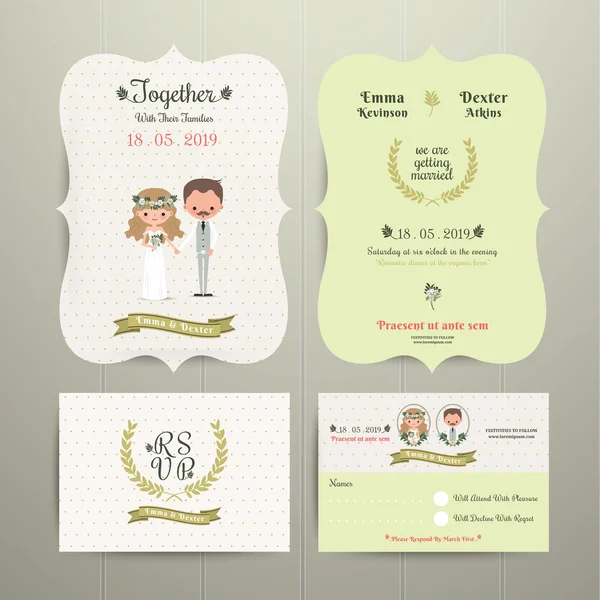 Bride & Groom Cartoon Romantic Farm Wedding Invitation Card and — Stock Vector