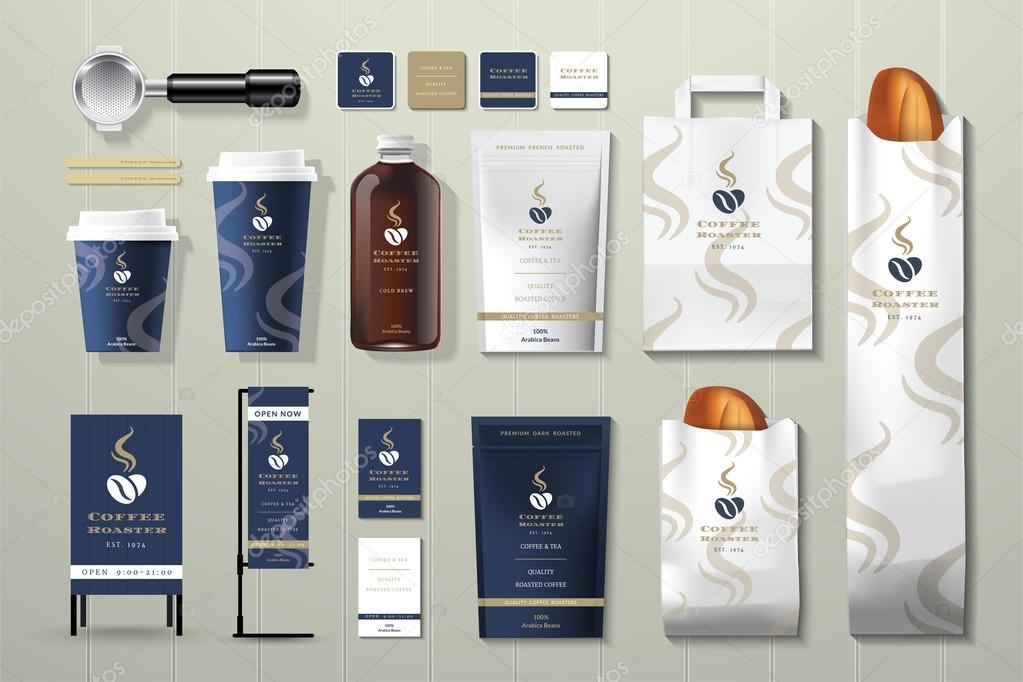 Coffee roaster corporate identity template design set on wood background