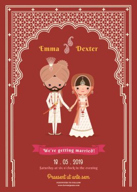 Hintli düğün gelin ve damat karikatür tarihi bildirimi kartı kaydetmek